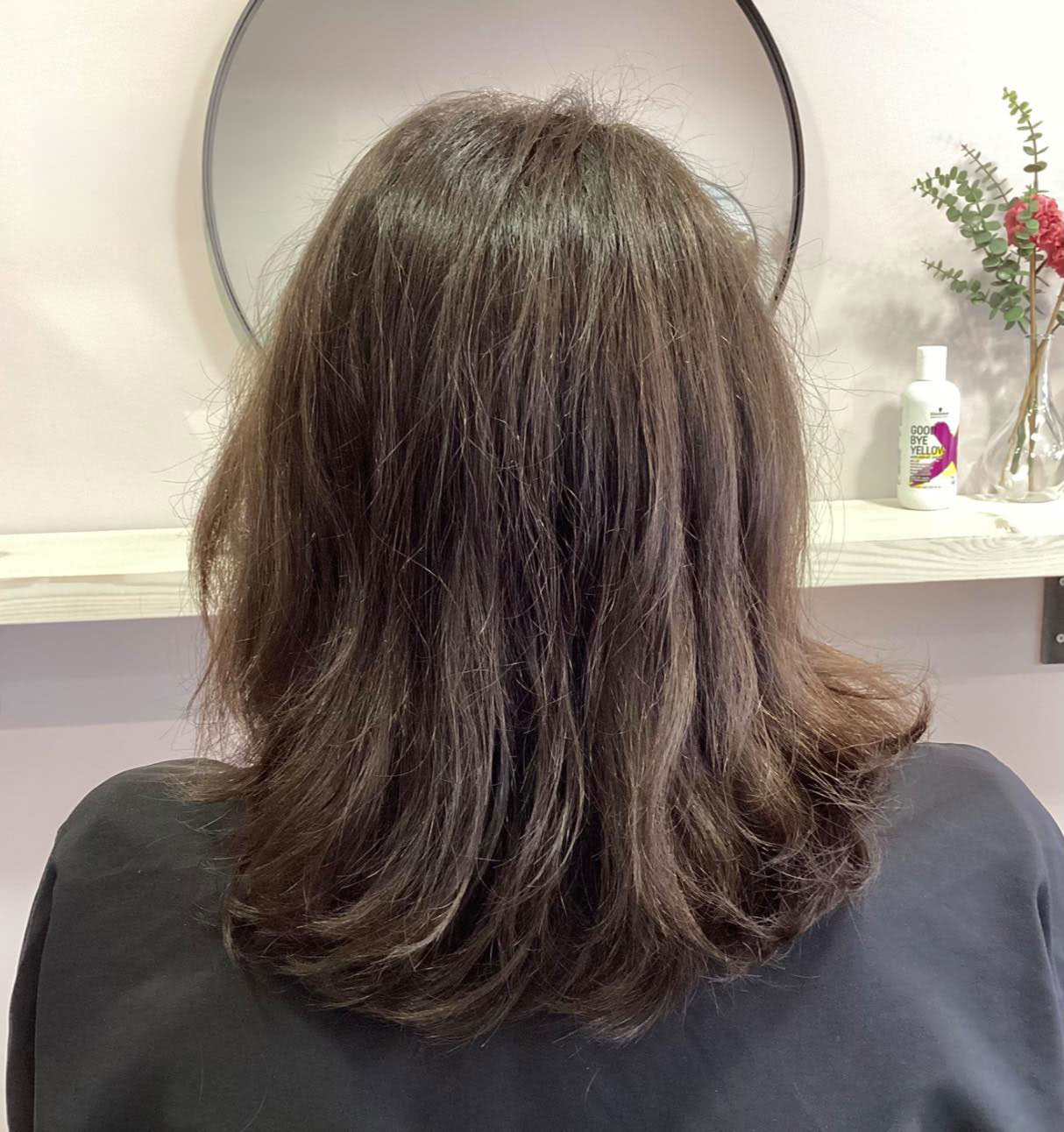 A before image of a clients dark brown hair